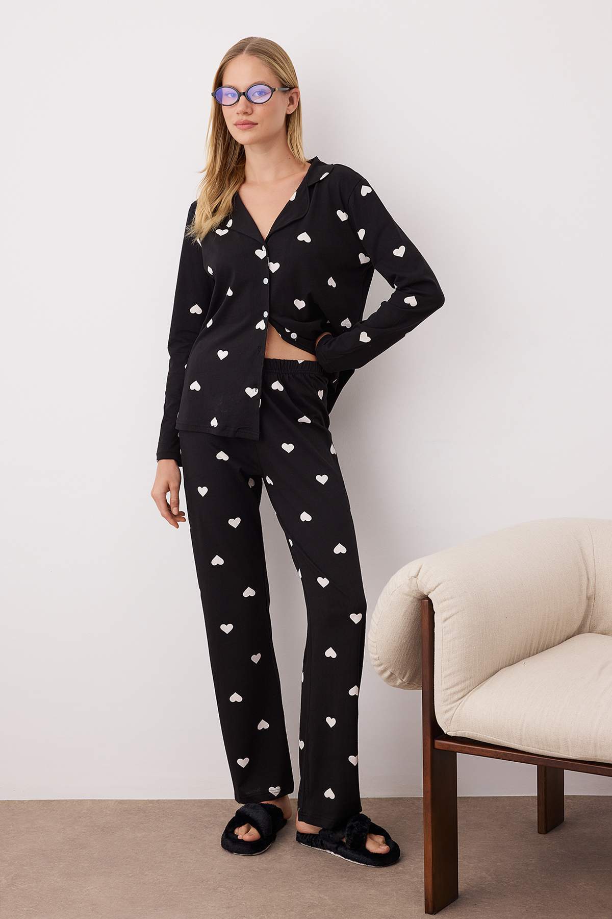 Trendyol Collection Μαύρο 100% βαμβακερό πλεκτό σετ πιτζάμες THMAW21PT0548