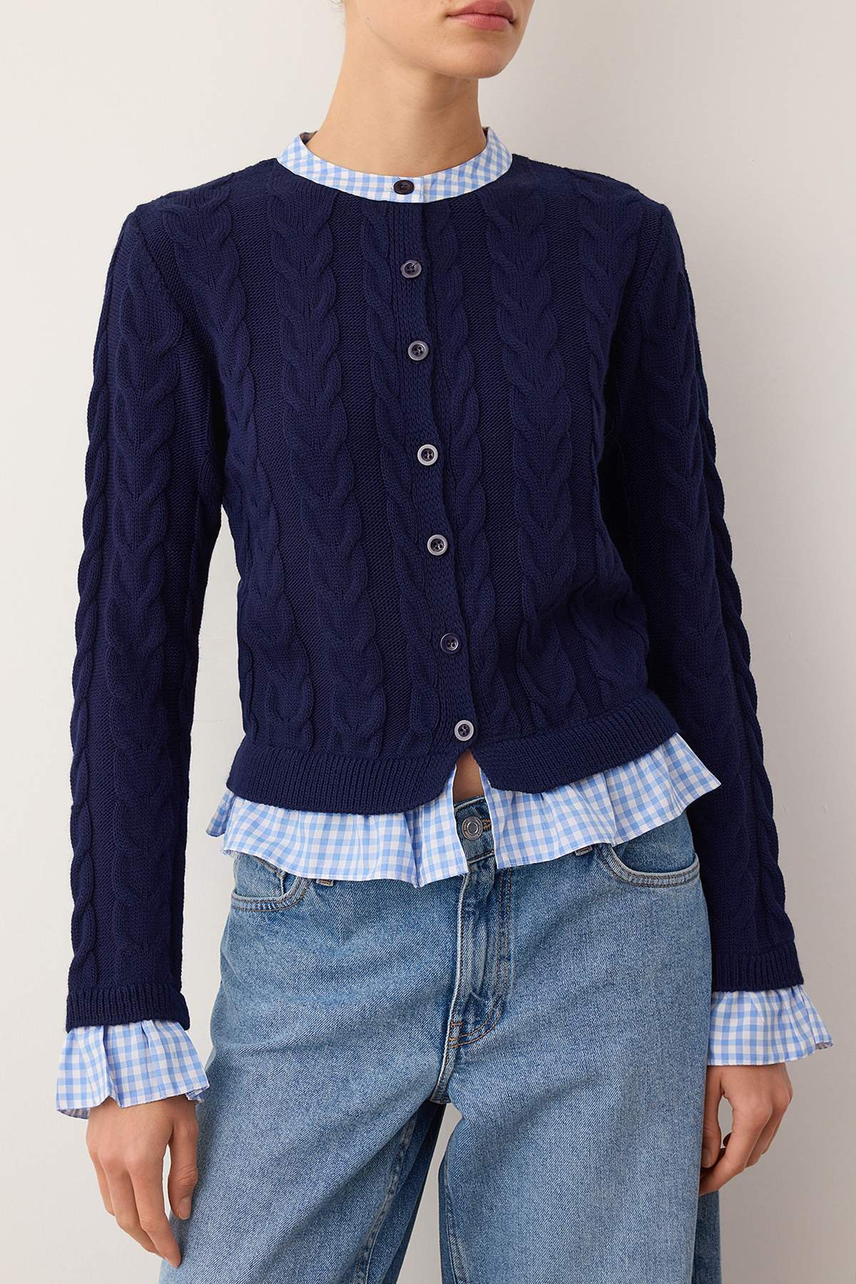 Trendyolmilla  Lacivert Ekose Garni Yaka Detaylı Triko Hırka TWOAW26HI00259 - Görsel 3