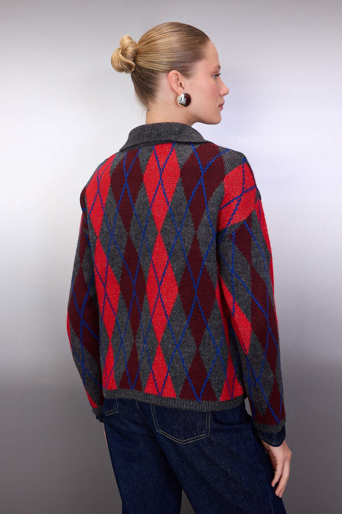 Trendyolmilla  Antrasit Baklava/Ekose Desenli Polo Yaka Triko Kazak TWOAW26KZ00231 - Görsel 5