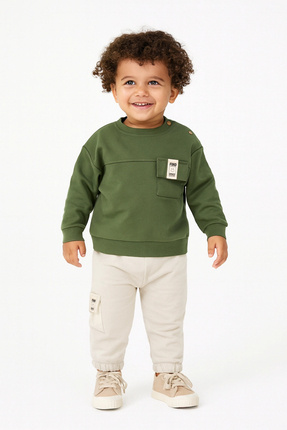 Divonette Erkek Bebek Cepli Haki Sweatshirt ve Taş Eşofman Takımı - Çocuk Giyim