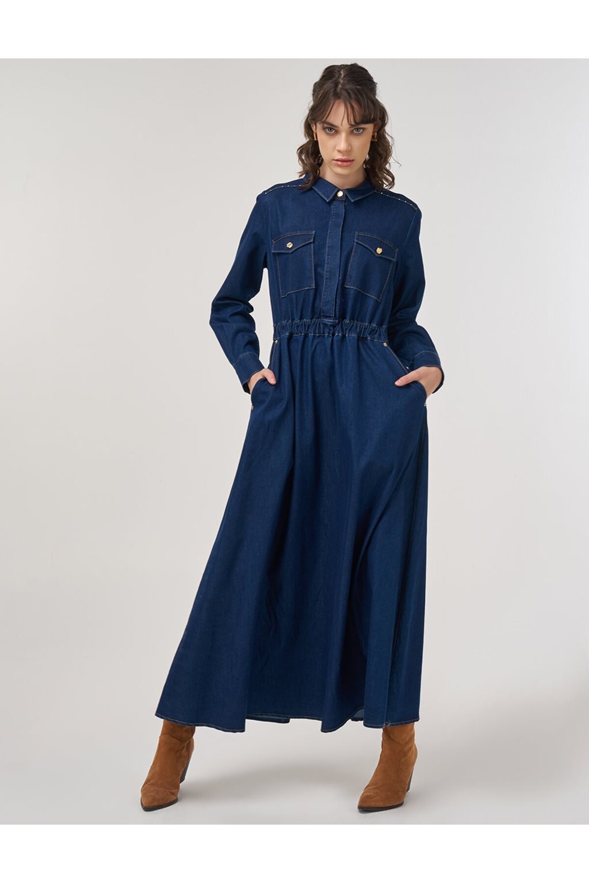 Kayra Hotfix Baskılı Denim Maksi Elbise Lacivert - Fiyatı, Yorumları