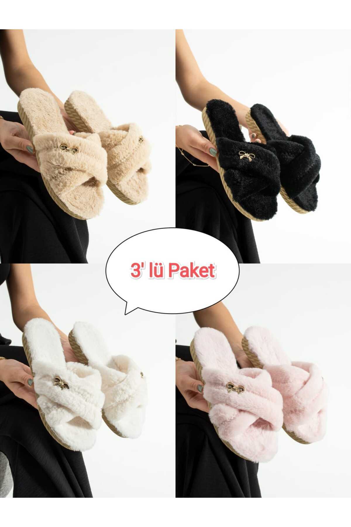 Moda Devrin 3'lü Paket Kurdele Toka Peluş Kışlık Kadın Terlik Çeyiz Bohça Seti