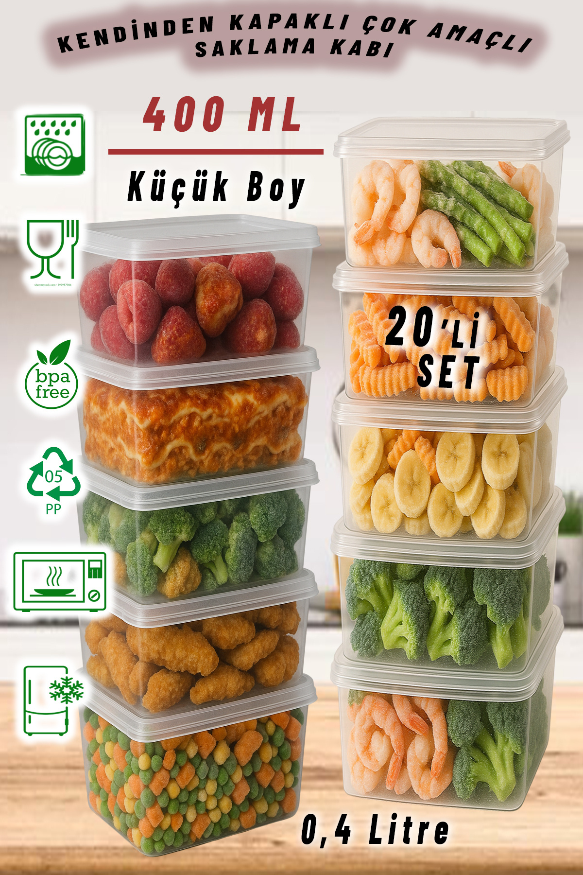 0.4 LT 20pcs Self-Lid Microwave Diffris Deep Freezer Freezer Organizer Storage Container