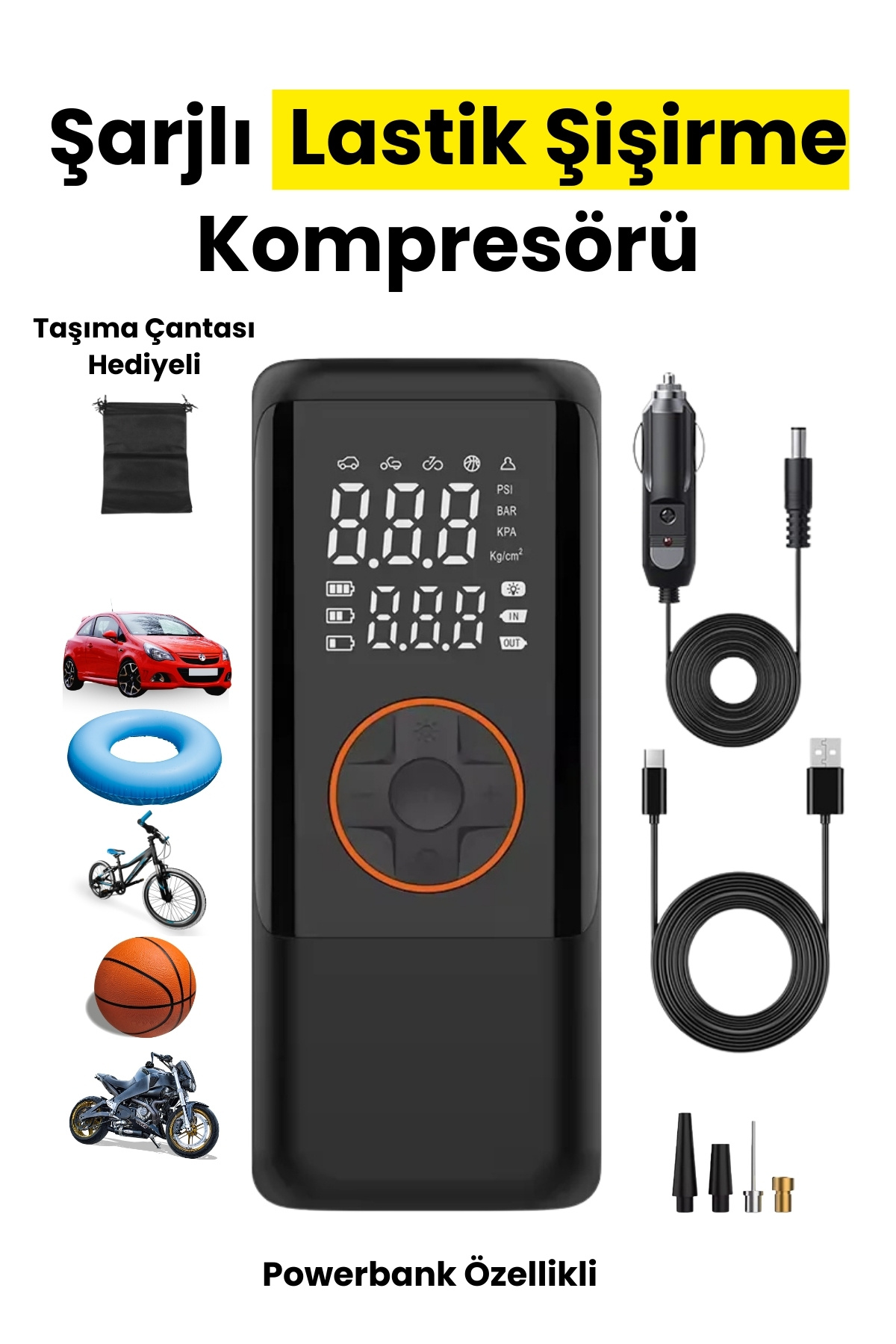 Yussraw 4500 MaH Şarjlı Taşınabilir Araba Lastik Hava Top Şişirme Pompası Led Işıklı Dijital Hava Kompresörü