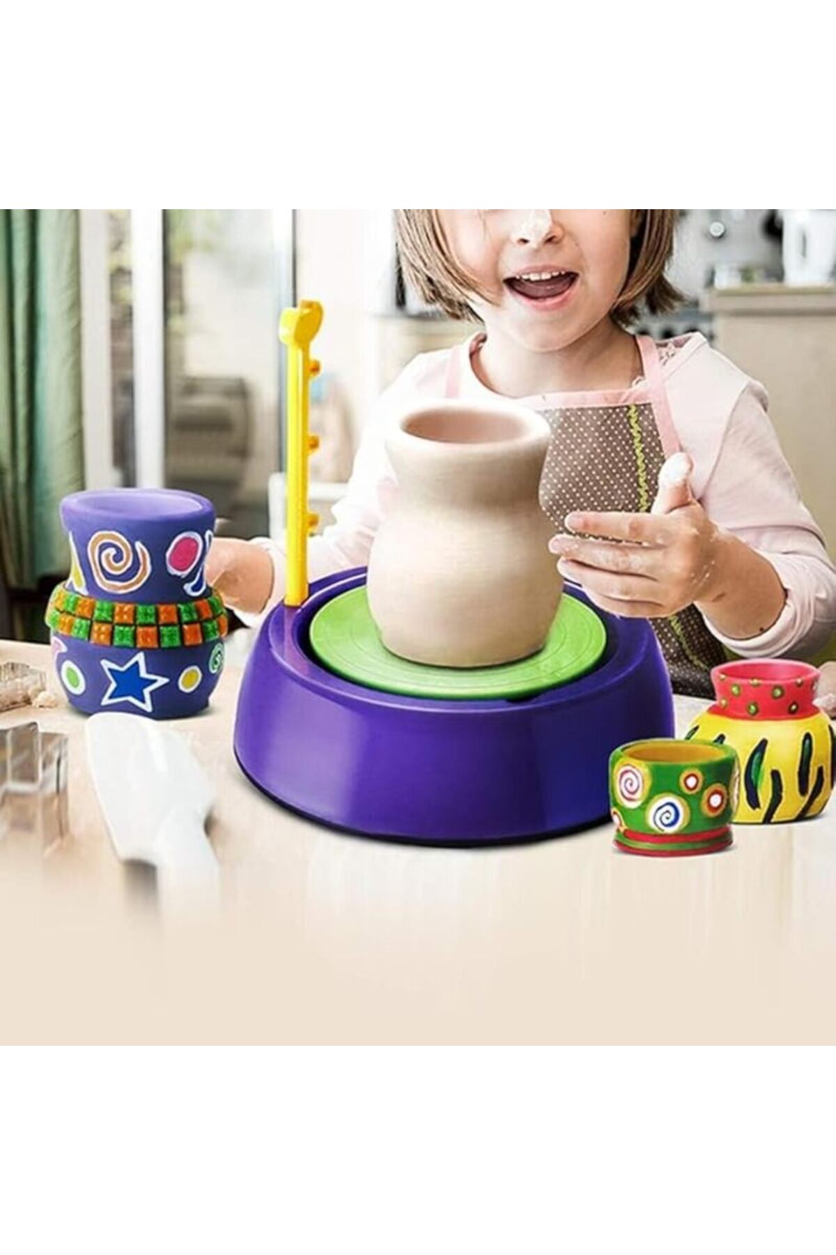 کیت چرخ سفالگری برقی کودکان، استودیوی کامل کاردستی سفالی DIY با گل رس خشک‌شونده با هوا