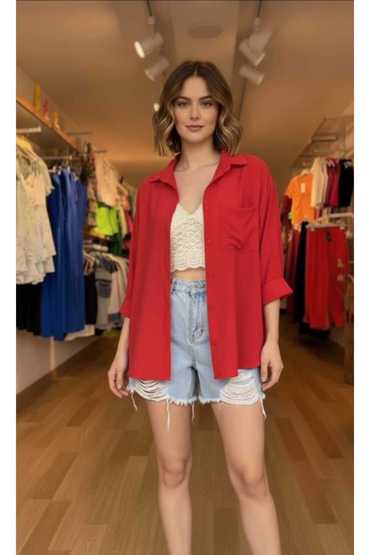 blackbonds  Kadın Keten kırmızı Gömlek Yazlık Oversize Gömlek Yeni Sezon - Görsel 5