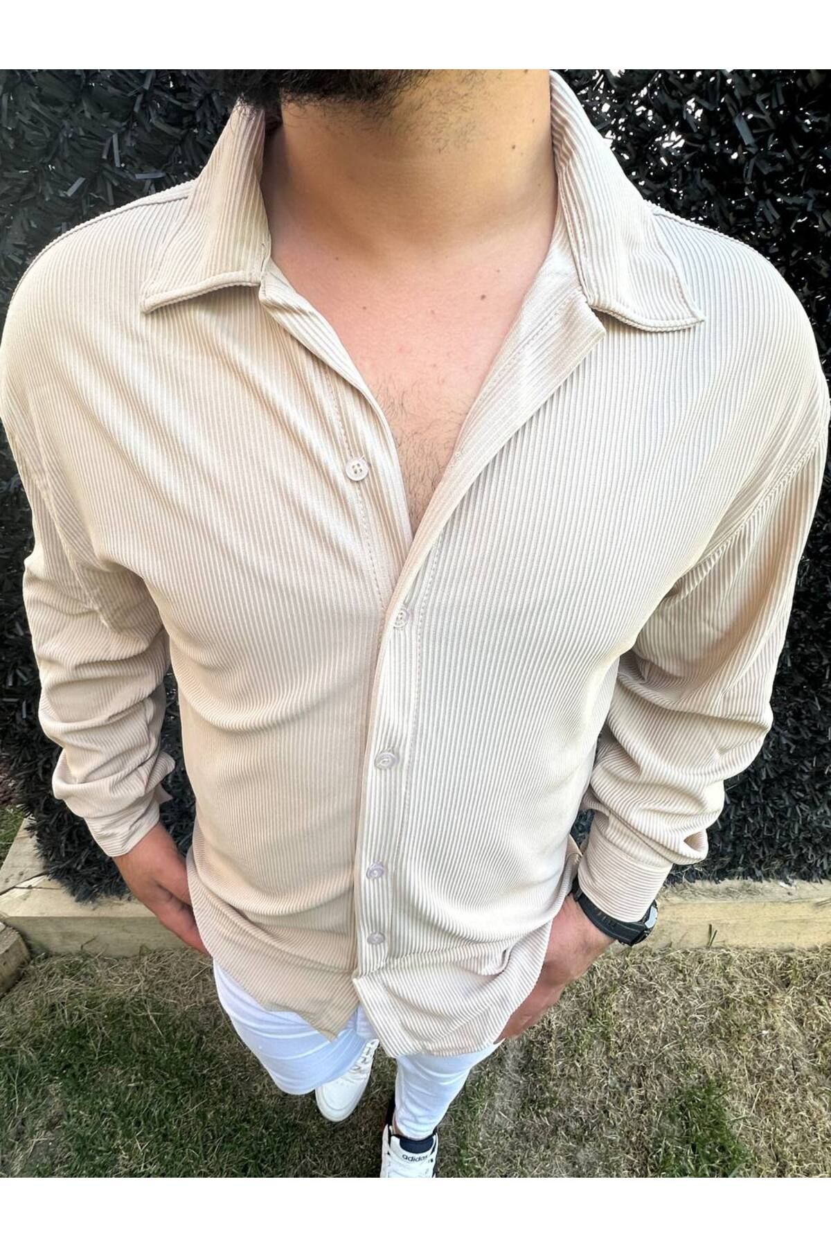oneoff Erkek Yazlık Dokulu ottoman Bej Oversize Gömlek görsel 5