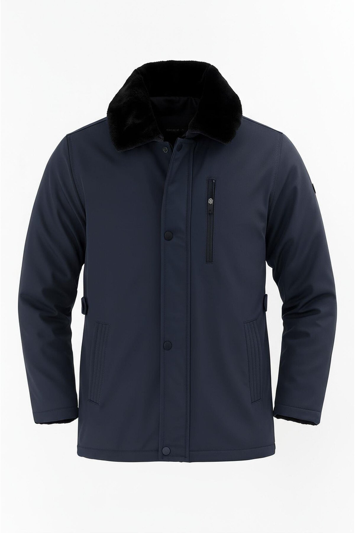 Erkek Lacivert Yakası Çıkartılabilir Kürklü Su İtici İçi Kürklü Kaban – Rüzgar Geçirmez, Hafif ve Dayanıklı Mont & Kaban