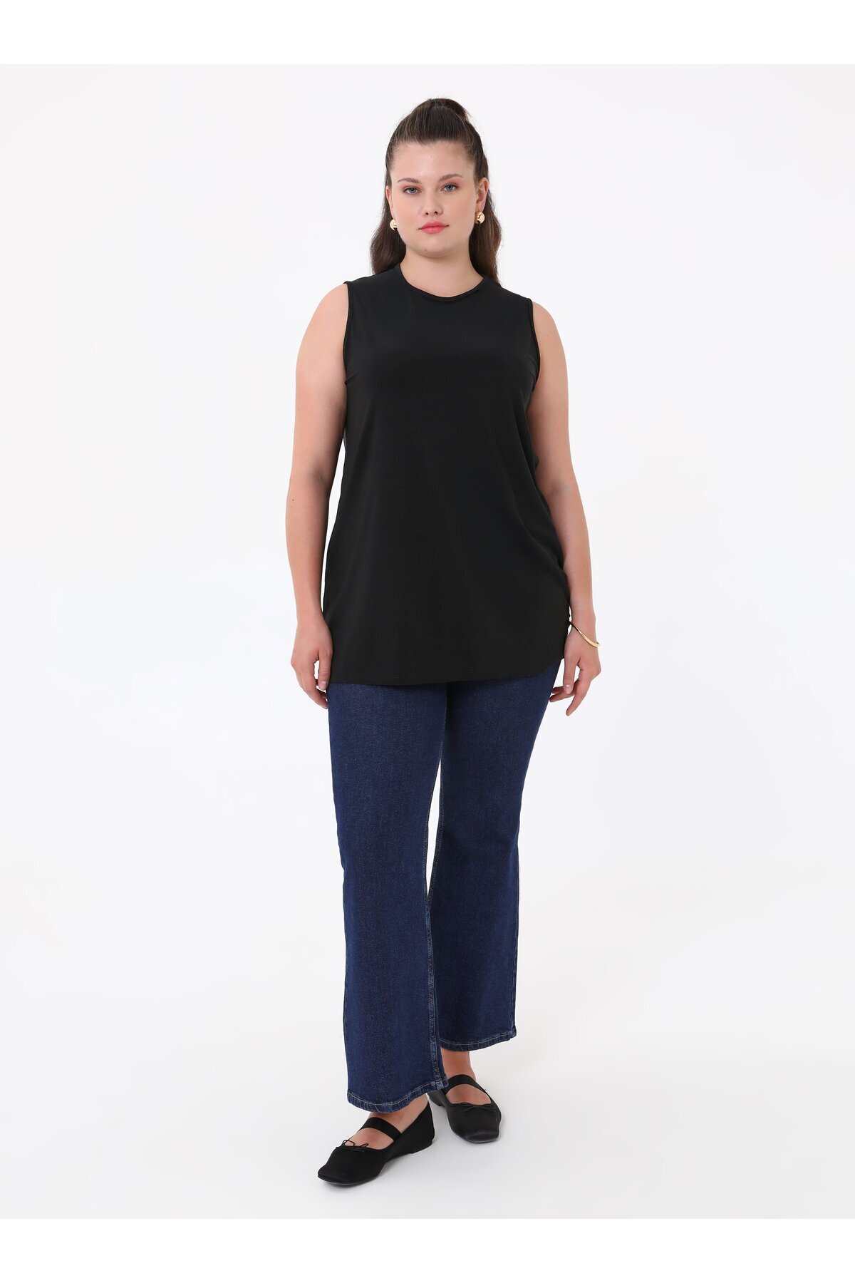 ALİA Büyük Beden Kolsuz Örme İçlik Tunik - Siyah-