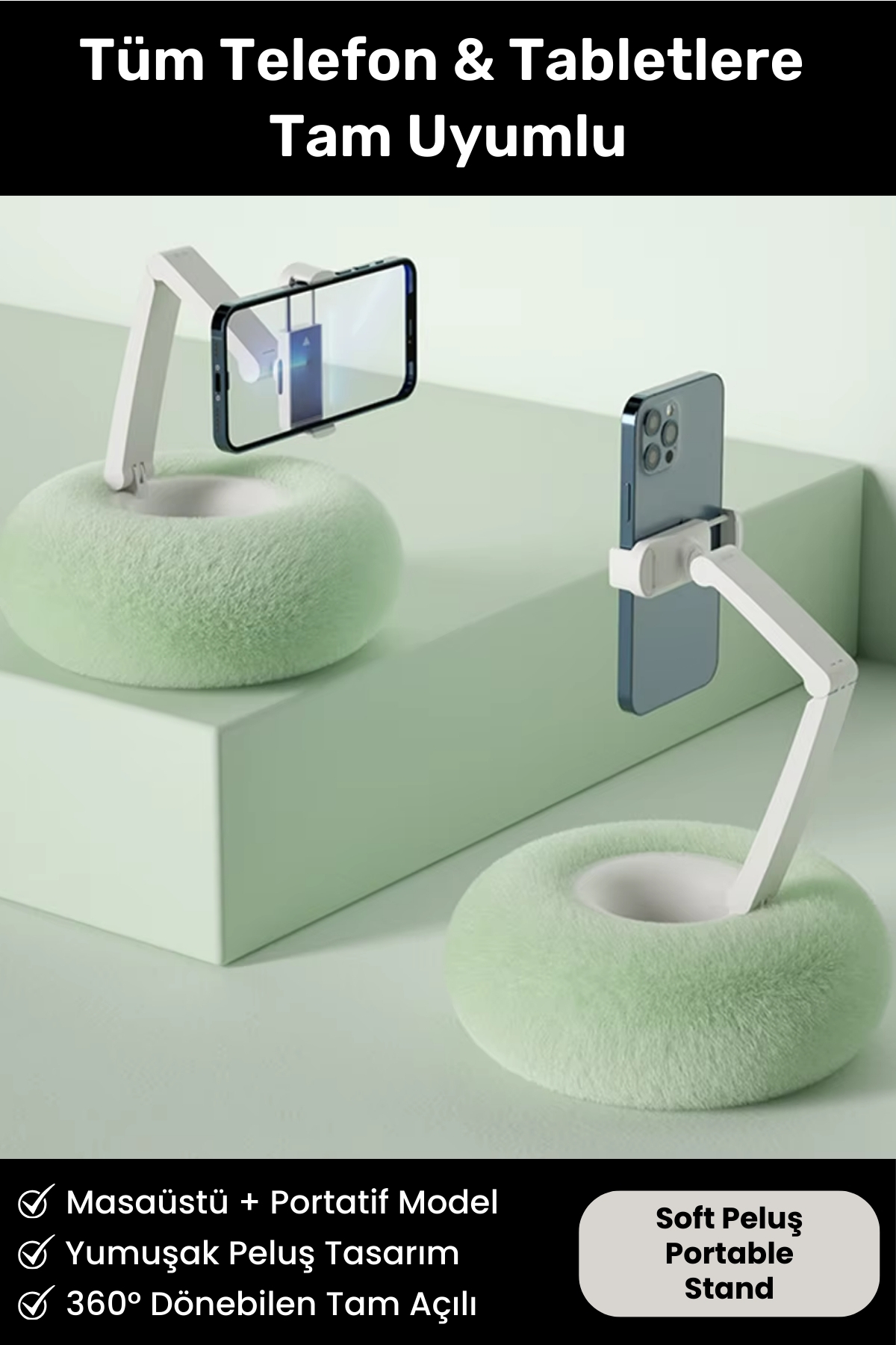 Peluş Yastık 360 Derece Rotasyon Yükseklik ve Açı Ayarlanabilir Telefon & Tablet Tutucu Şık Stand