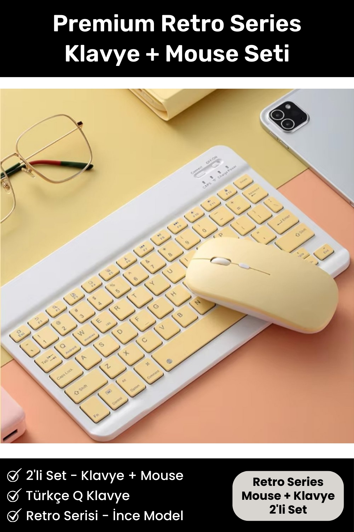 Retro Serisi Ultra İnce Kablosuz Tüm PC Telefon Tabletlere UyumluPortable Türkçe Q Klavye Mouse Set