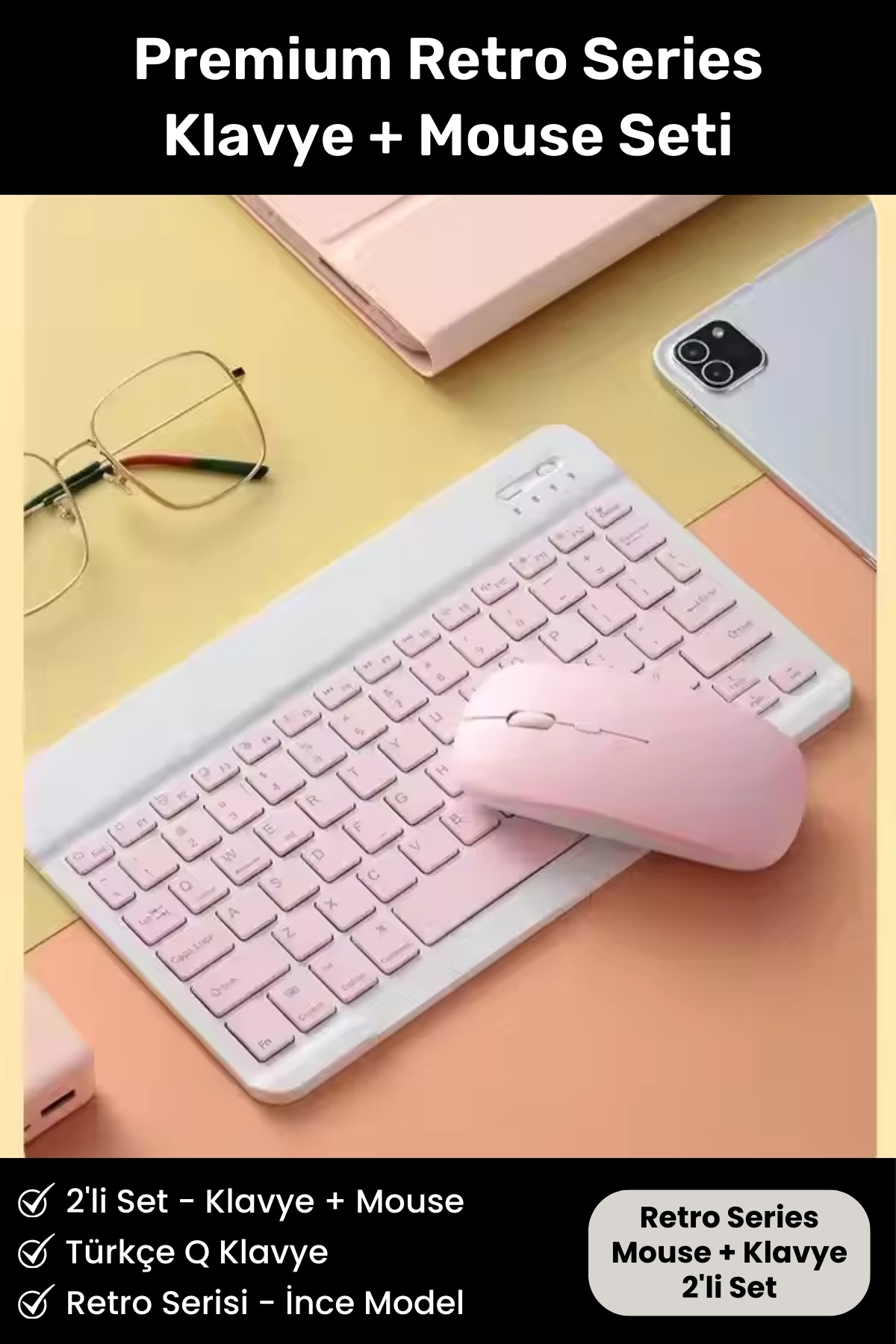 Noriyen Retro Serisi Ultra İnce Kablosuz Tüm PC Telefon Tabletlere UyumluPortable Türkçe Q Klavye Mouse Set