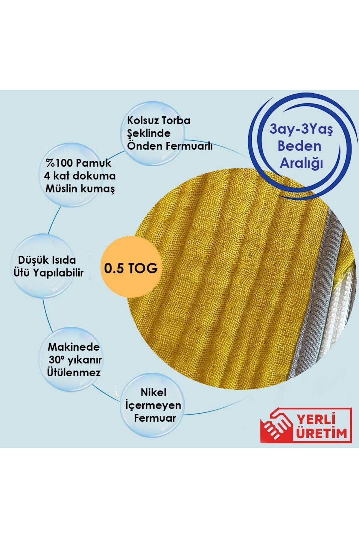 yorni Ürün Boyu 100cm, 18-36ay Yazlık Ve Mevsimlik, 4 Kat Müslin Kumaş, Bebek Torba Uyku Tulumu, Hardal fotoğrafı 3 (önizleme)