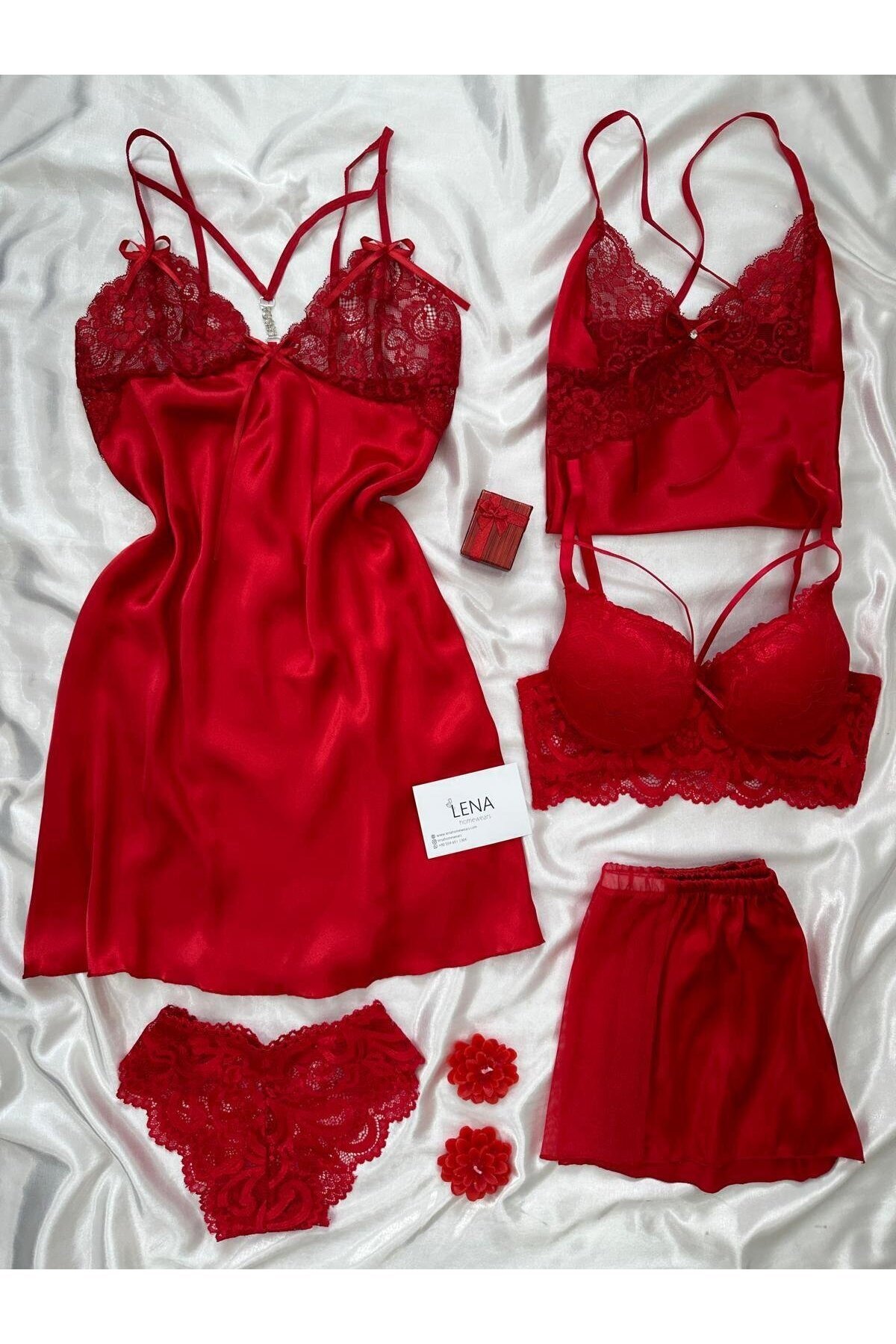 Lena Homewears Kadın 5'li Saten Gecelik Sütyen Şort Gelin Çeyiz Seti