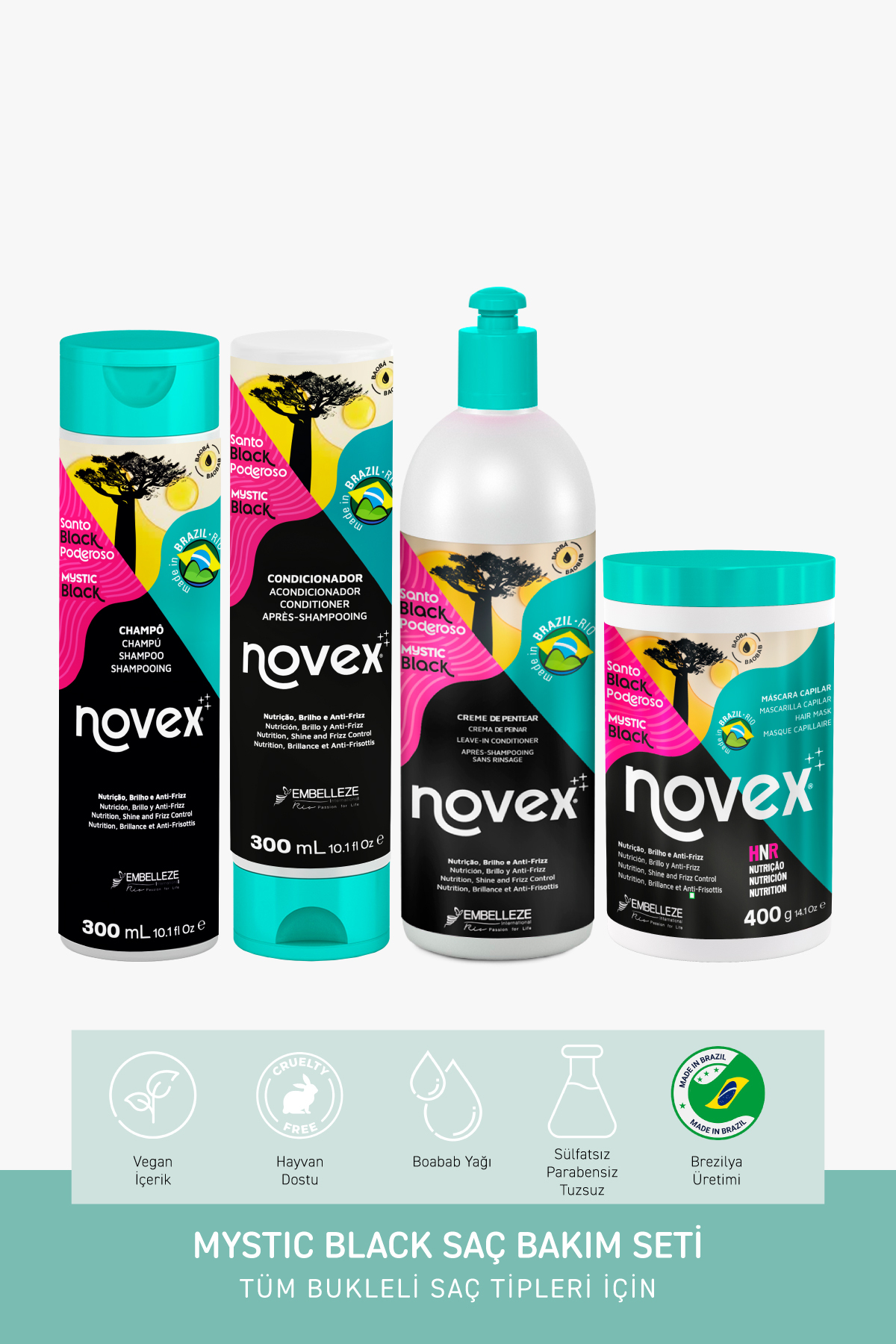 NOVEX Mystic Black - Kuru Bukleli Saçlar Için Onarıcı Saç Bakım Seti - — 8761200037469