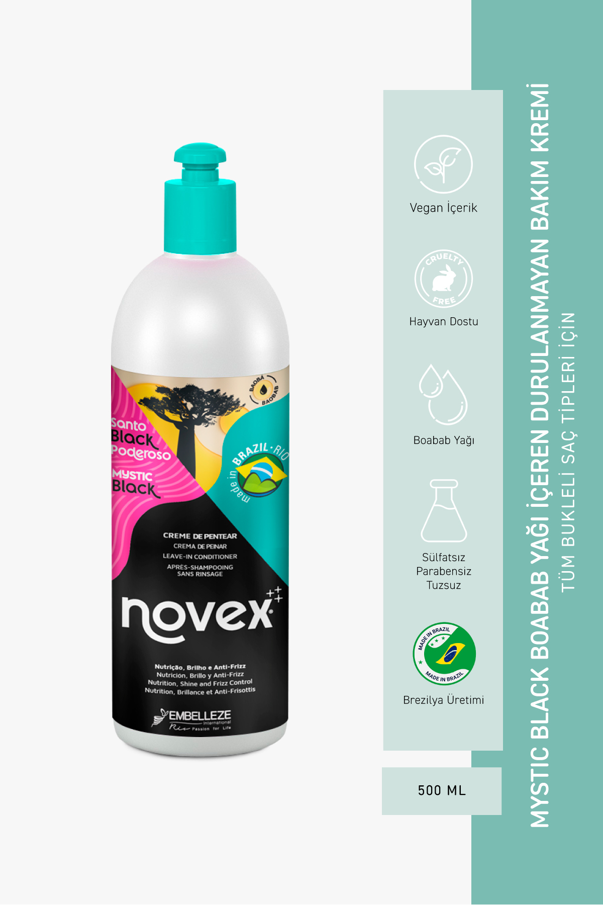 NOVEX Mystic Black - Kuru Bukleli Saçlar Için Onarıcı Durulanmayan Saç Kremi 500ml — 876120003777