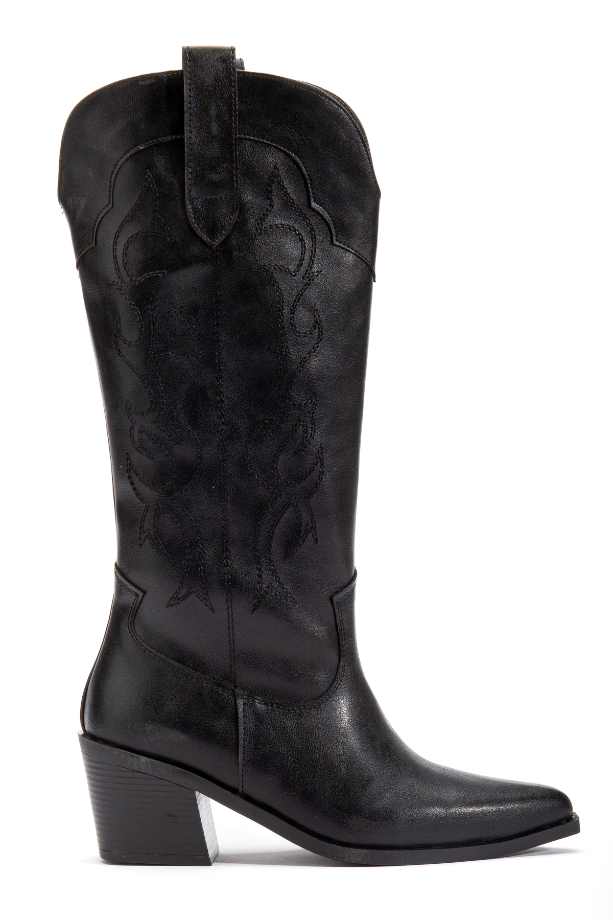 DENORA  Siyah Mat Deri Sivri Burun Nakışlı Western Kovboy Bot Çizme