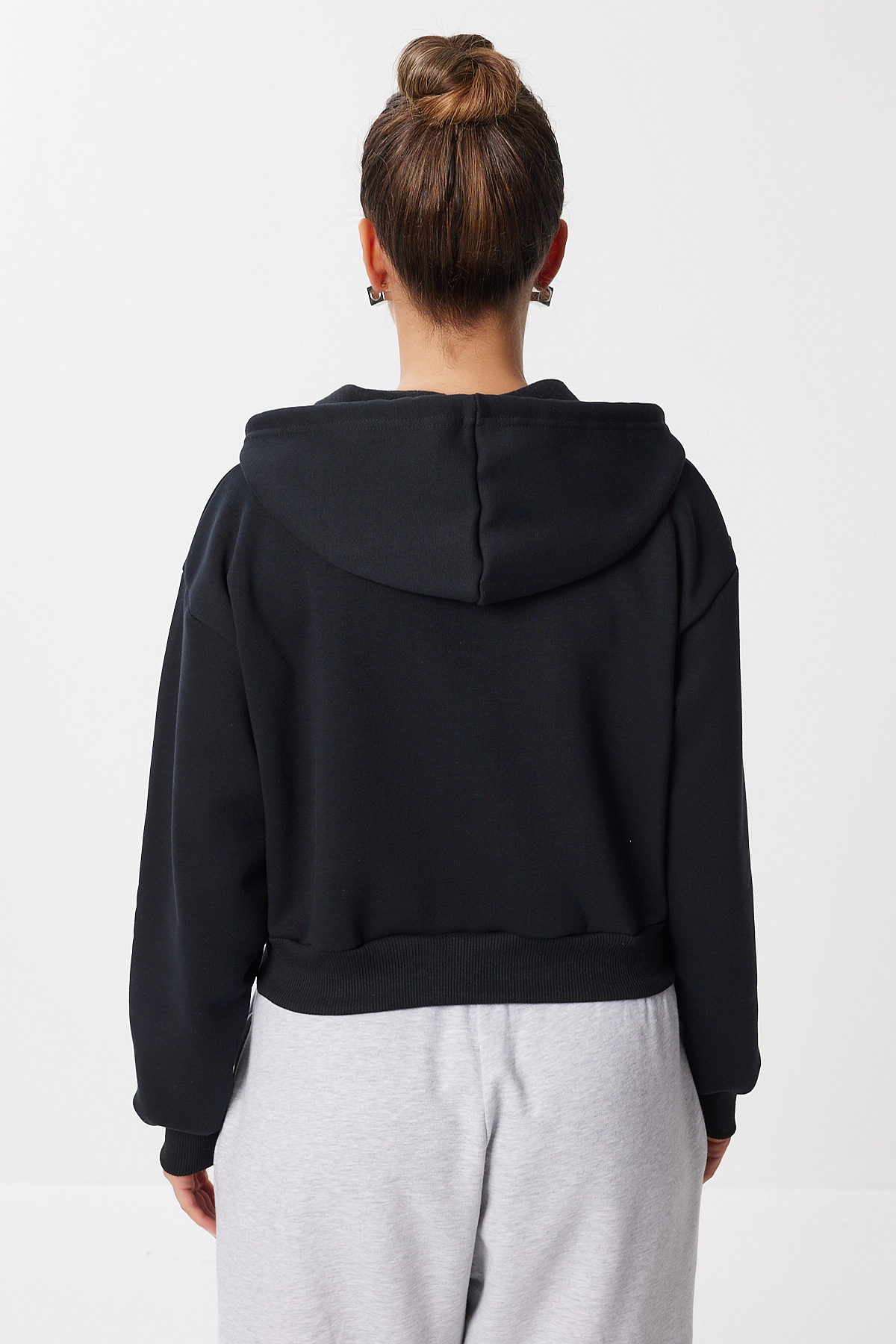 Lovelyİstanbul  Fermuarlı Kapüşonlu Şardonlu Örme Crop Sweatshirt LEN0036 SİYAH - Görsel 6