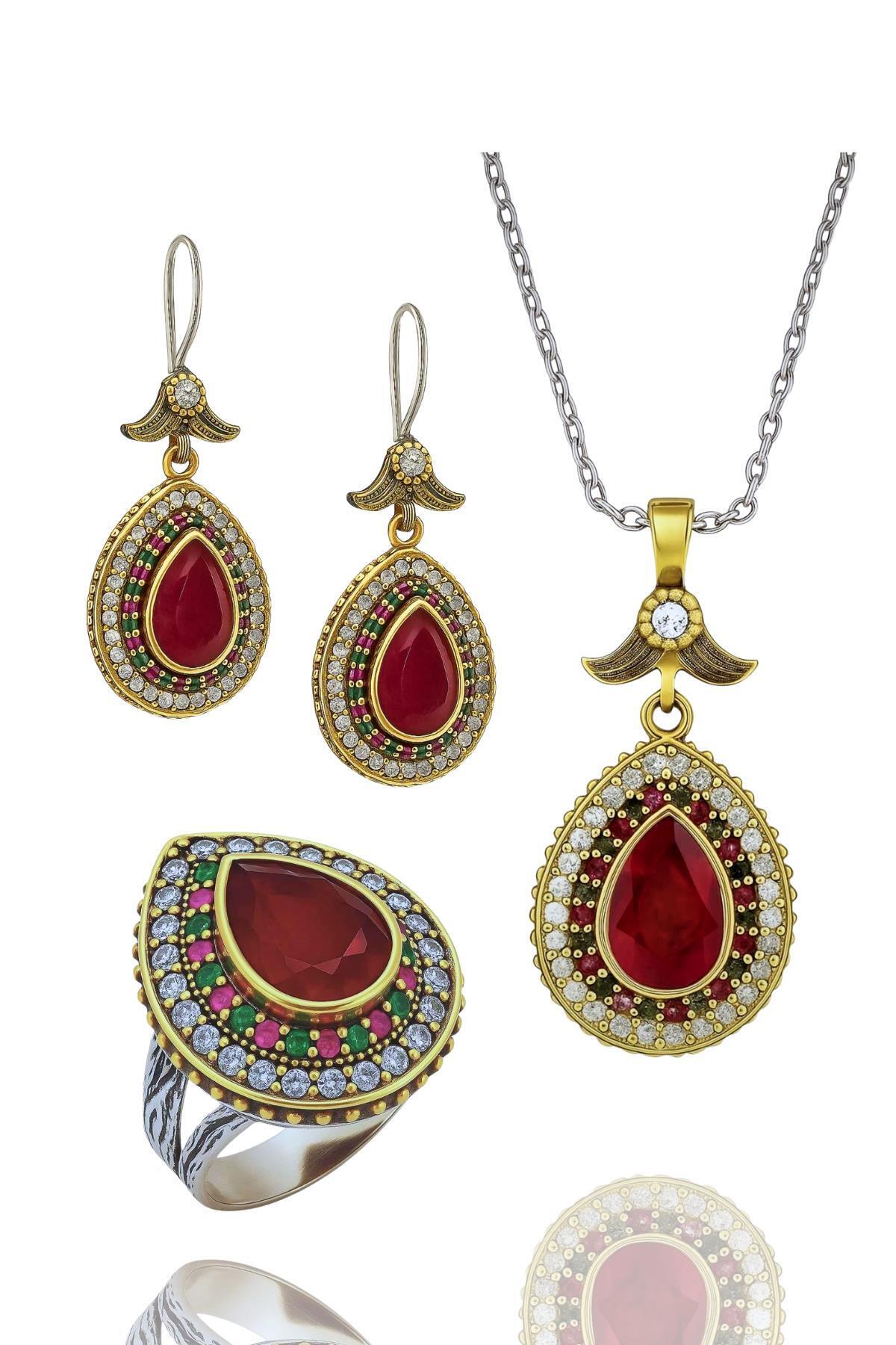 Beyisa Didar Sultan Serisi Yakut Taşlı Seti Damla Gümüş Üçlü Kadın Takı Seti