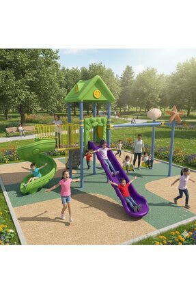 Soylu Grup Kent ve Bahçe Mobilyaları Çocuk Oyun Parkı ENJ01900 - İki Kaydırak...