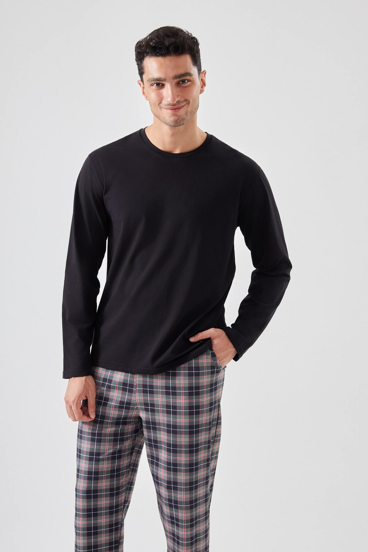 koza iç giyim Erkek Pamuklu Uzun Kollu Yamalı Ekose Desenli Pijama Takımı