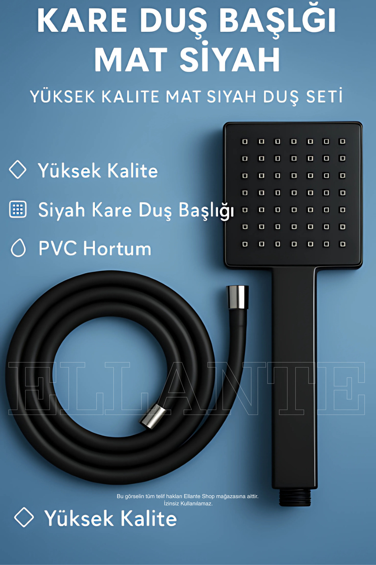 ellante Kare Duş Başlığı Mat Siyah Siyah Kare Duş Başlığı Yüksek Kalite Mat Siyah Duş Seti PVC Hortum