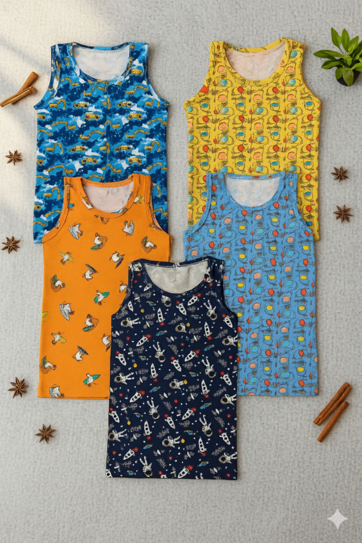 Boy 95% Cotton Navy Blue Dinosaur Pattern 5-Pack Singlet