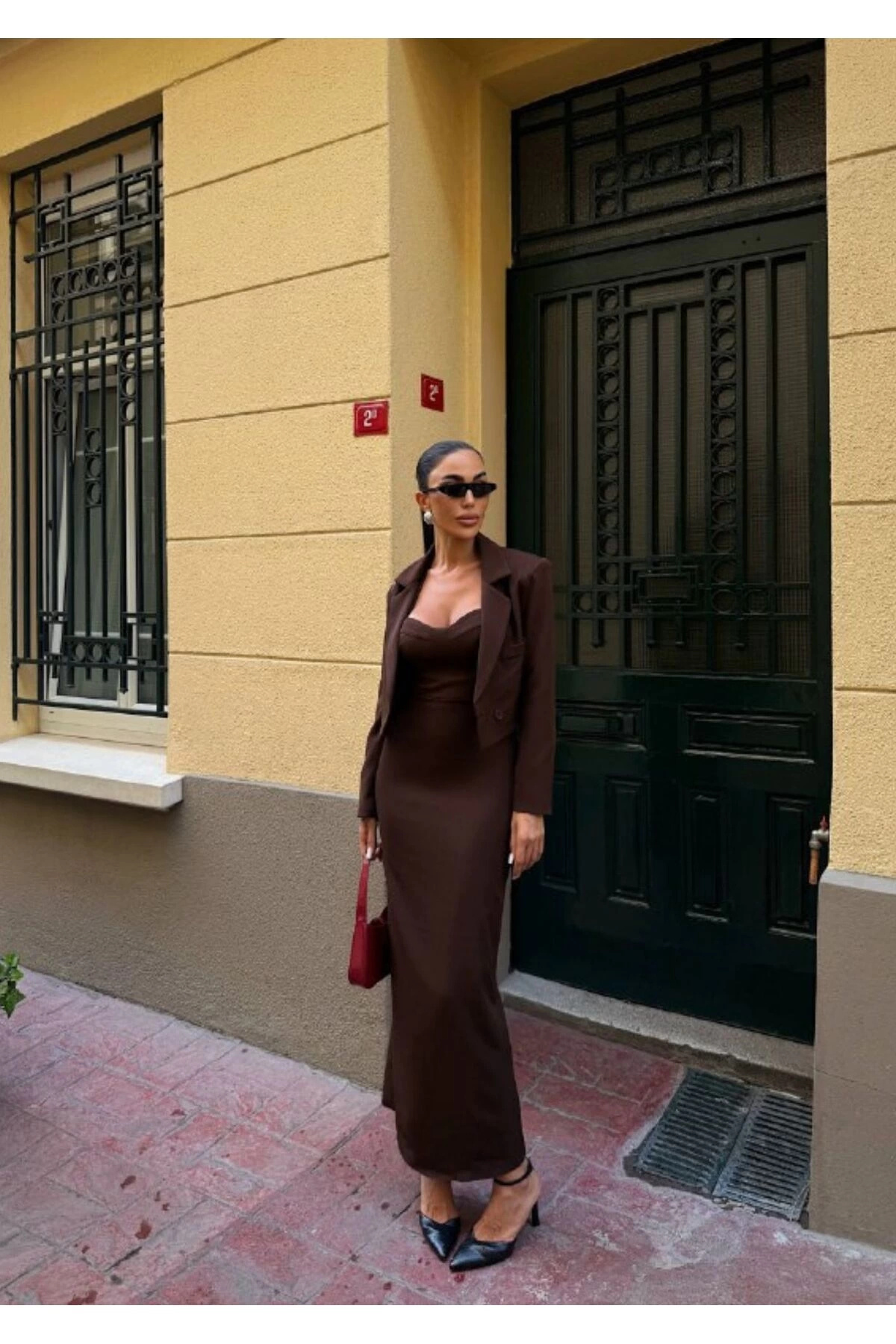 Diemmood Kadın Kruvaze Detaylı Sırt Çapraz Askılı Elbise Ceket Takımı