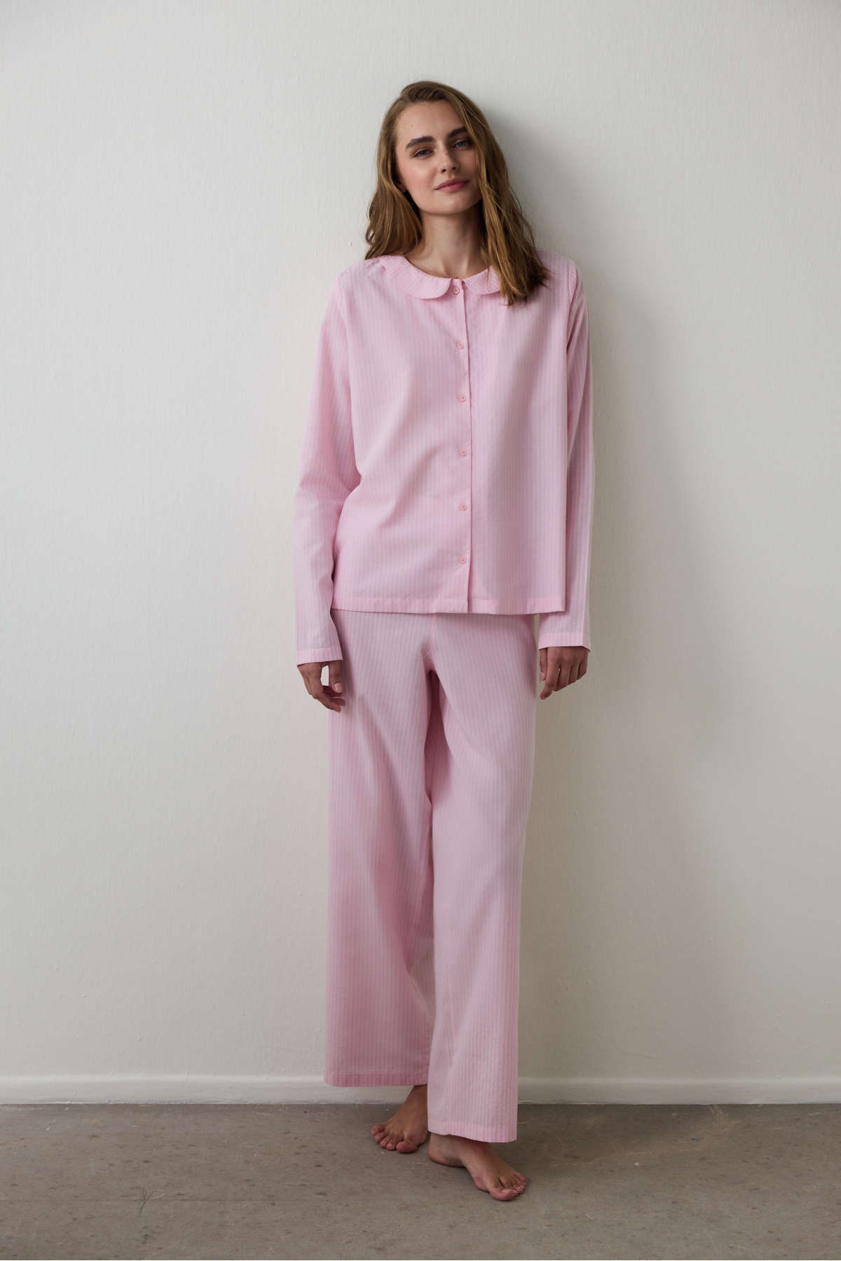Penti Açık Pembe Çizgili Bağlama Detaylı Pamuklu Gömlek Yaka Pijama Takımı