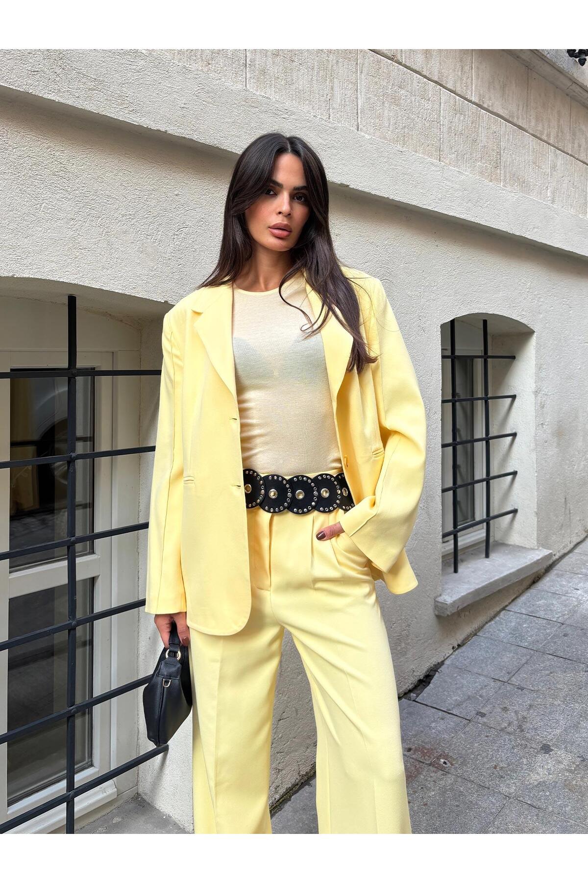 Juste  Oversize Kolları Dikiş Detaylı Blazer Ceket Butter Yellow - Görsel 3