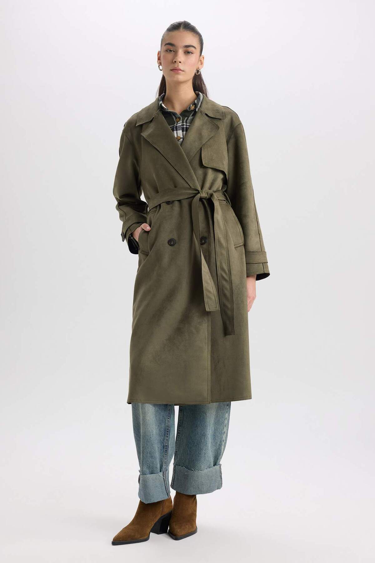 DeFacto Regular Fit Smokin Yaka  Kemerli Cepli Uzun Süet Trençkot D5799AX25SP