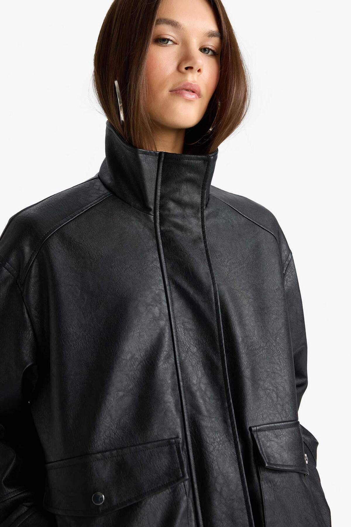 Defacto  Afra x Dad Fit Fermuarlı Suni Deri Mont F5483AX25WN - Görsel 7