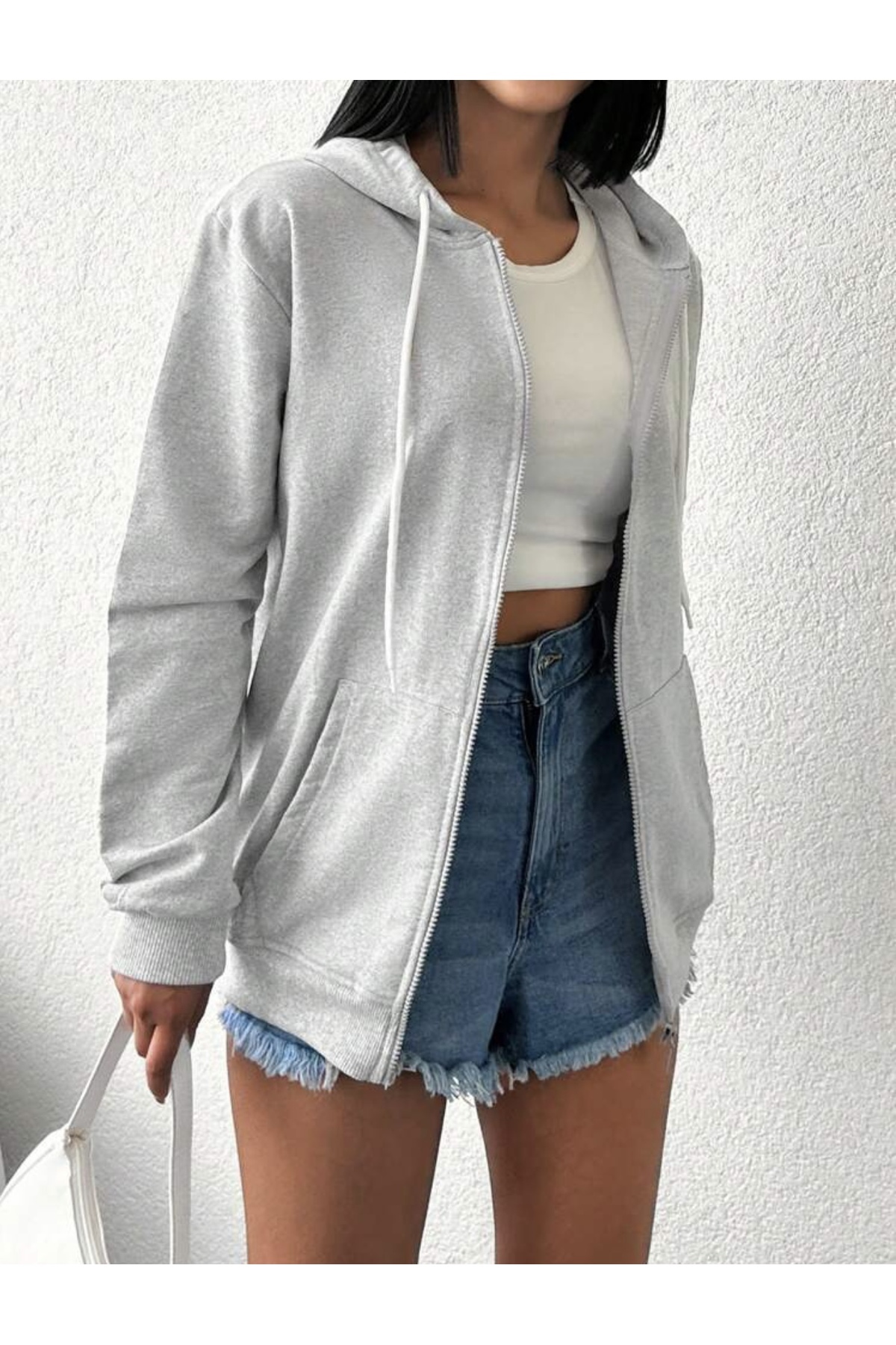 Miyalon  Kadın Gri Renk Kapüşonlu Fermuarlı Sweatshirt - Görsel 7