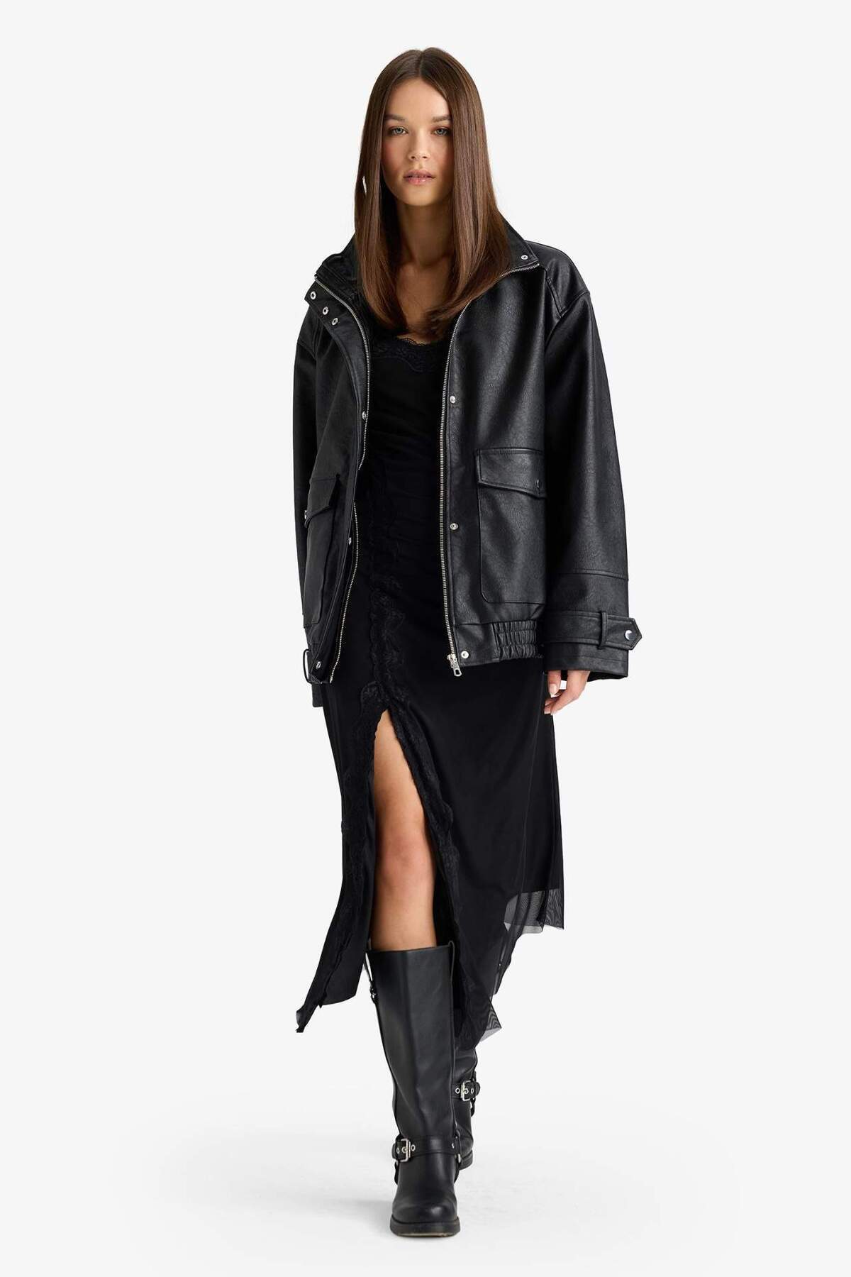 Defacto  Afra x Dad Fit Fermuarlı Suni Deri Mont F5483AX25WN - Görsel 5