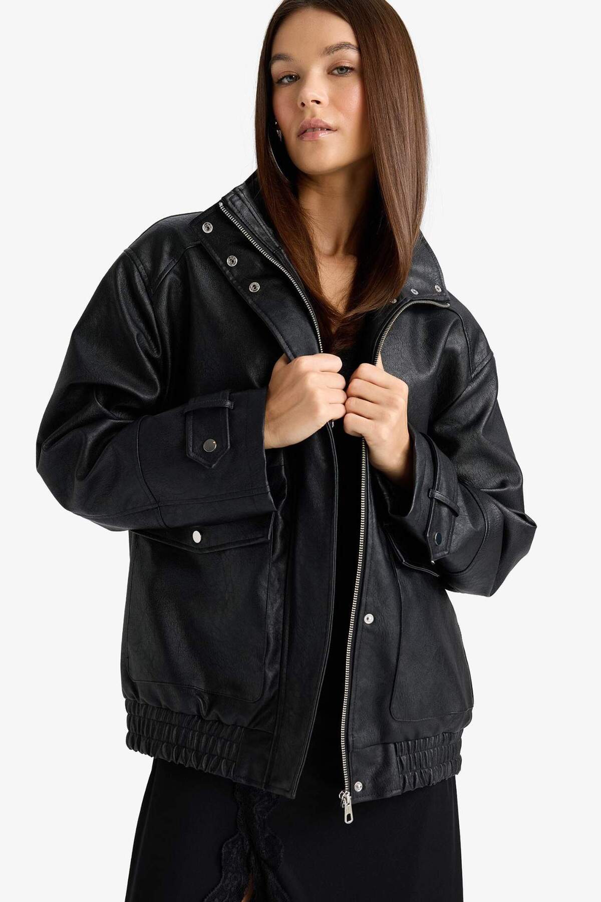 Defacto  Afra x Dad Fit Fermuarlı Suni Deri Mont F5483AX25WN - Görsel 6