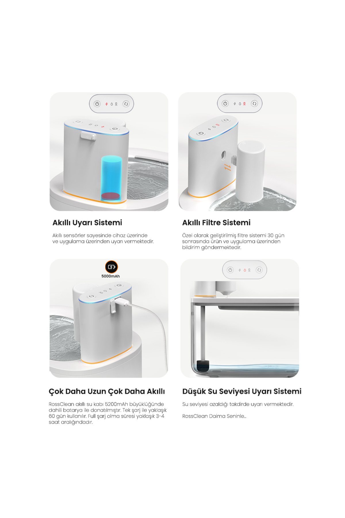 RossClean Kablosuz -Sensörlü-4L Ultra Sessiz-60gün Kullanım-App Uygulamalı Kedi Köpek Akıllı Su Kabı fotoğrafı 5 (önizleme)