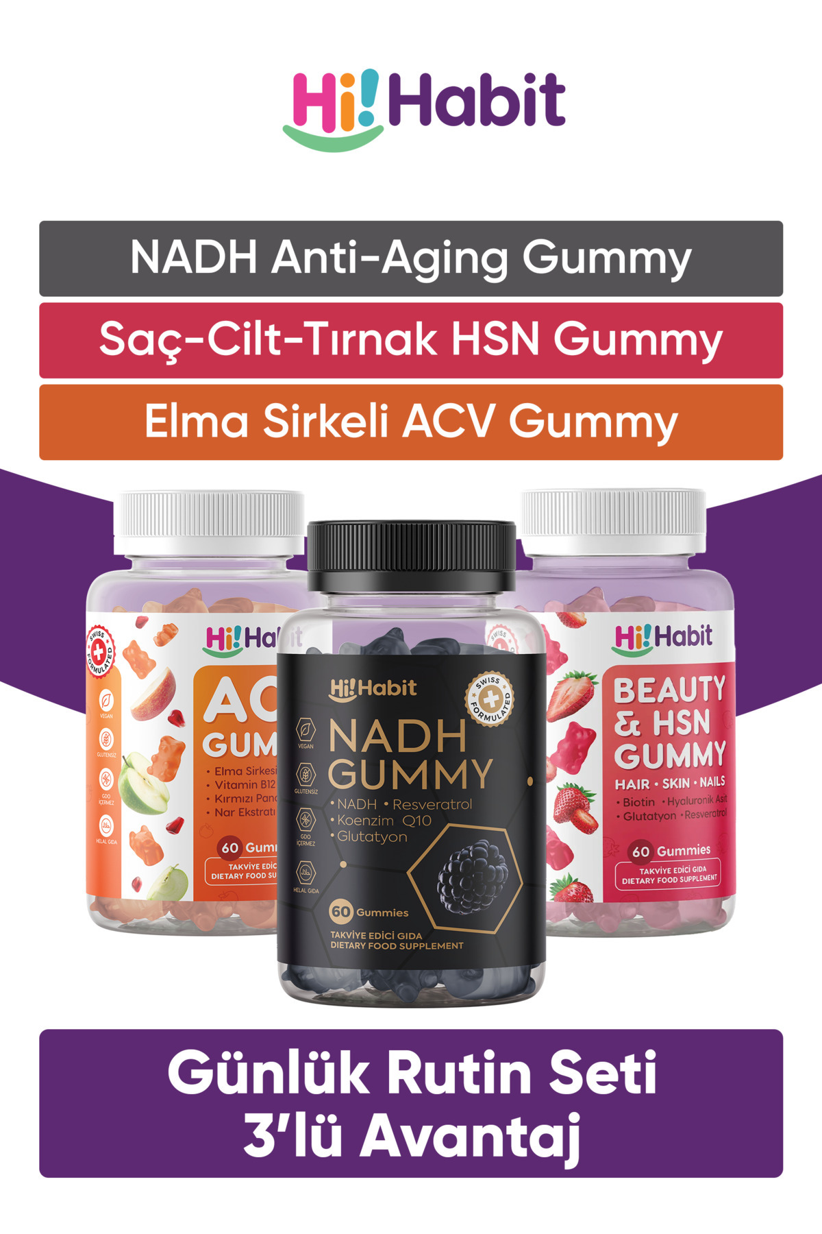 Hi Habit NADH + Saç/Cilt/Tırnak için Güzellik Gummy + Elma Sirkeli Gummy 3lü Set Takviye Edici Gıda