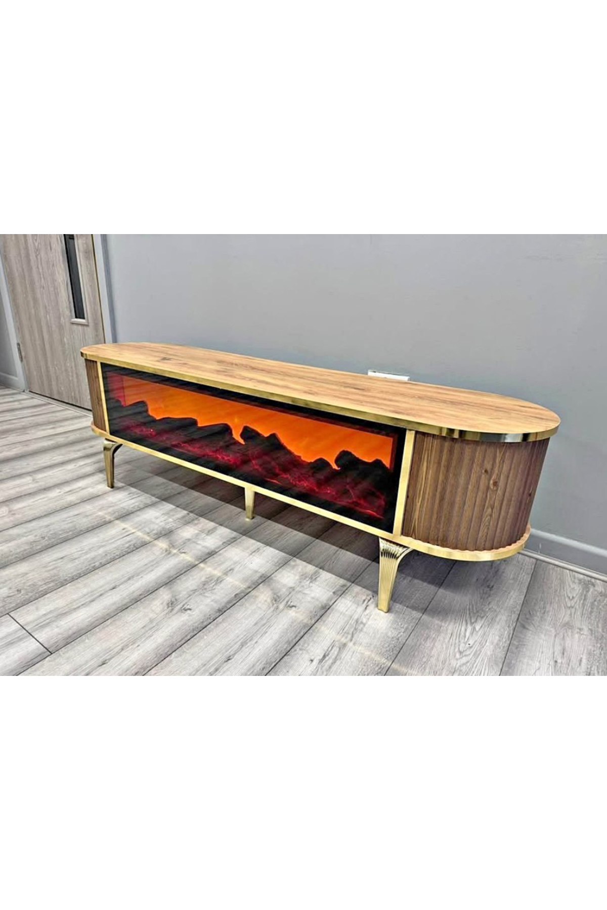 Tv Ünitesi Şömineli Kahve Gold Ayak Bluetooth Ve Hoparlörlü Mavi ,kırmızı ,turuncu Kumandalı 160 Cm