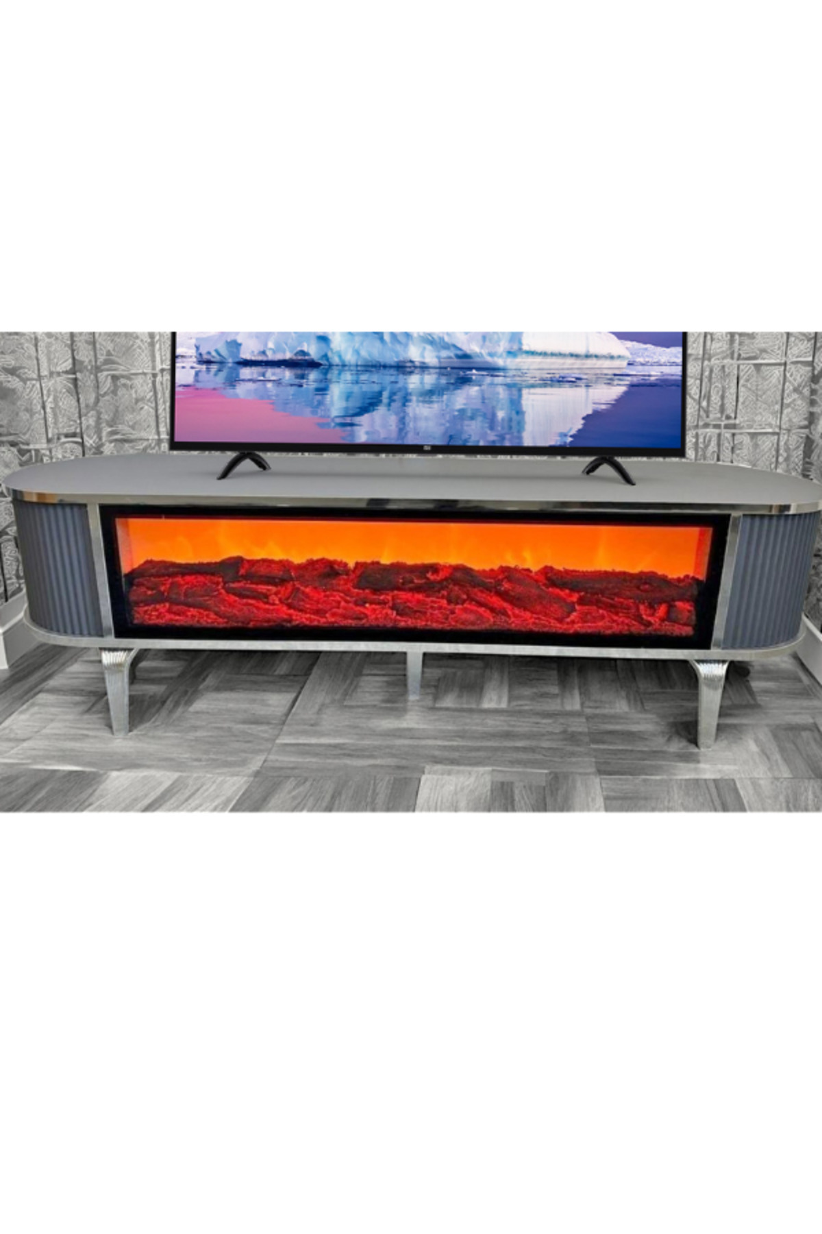 Tv Ünitesi Şömineli Antrasit Gümüş Ayak Bluetooth Ve Hoparlörlü Kumandalı 160 Cm