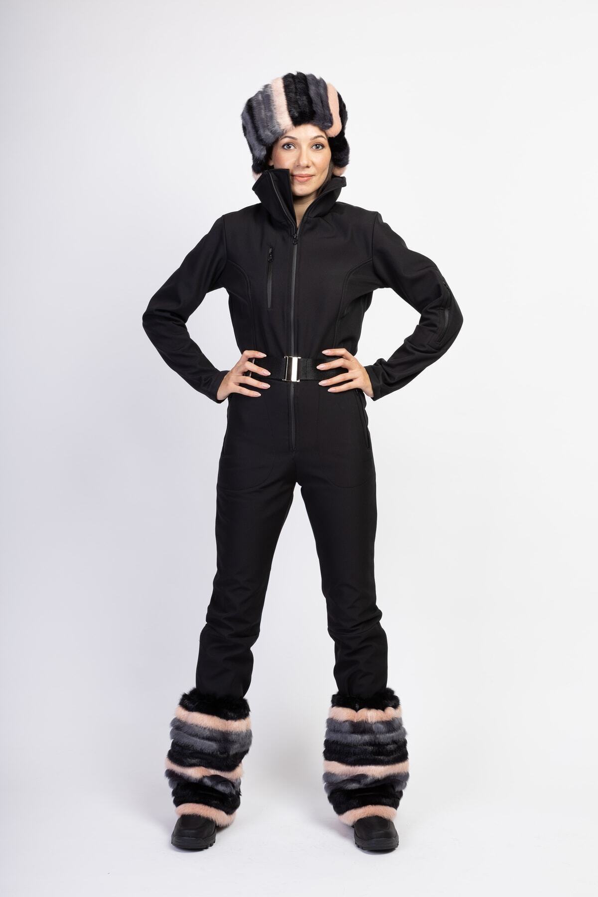 serpildinc Sd Kalpak,tozluk Detaylı Siyah Kayak kar Tulum skisuits