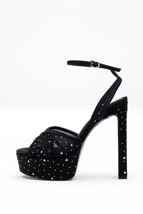 Tasarım Taş Detaylı Önü Platformlu Bilekten Tokalı Abiye Topuklu Kadın Ayakka...