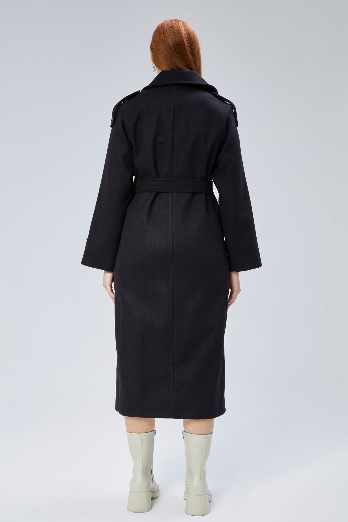 Bolivente  Siyah Regular Apolet Detaylı Kruvaze Kaşe Kaban - Görsel 8