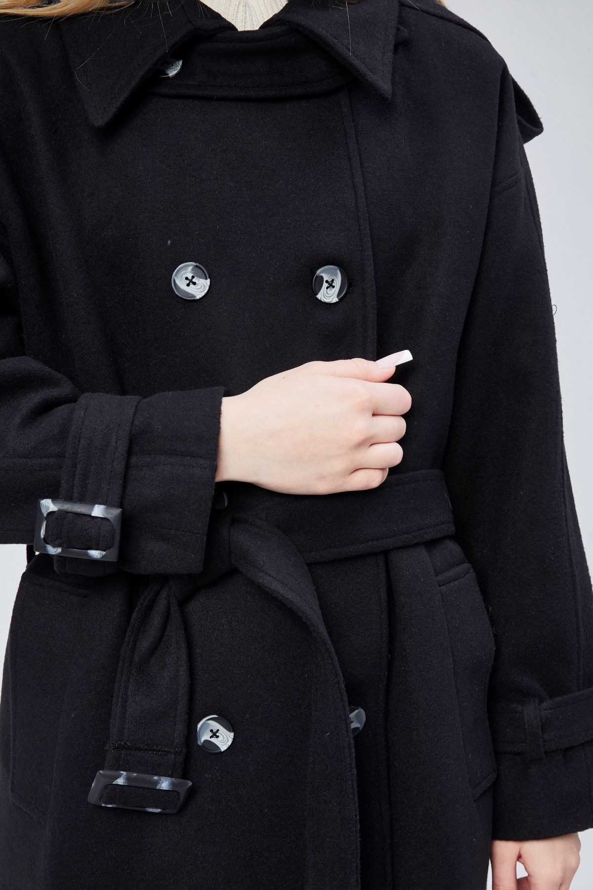 Bolivente  Kuşaklı Oversize Kaşe Kaban - Görsel 8