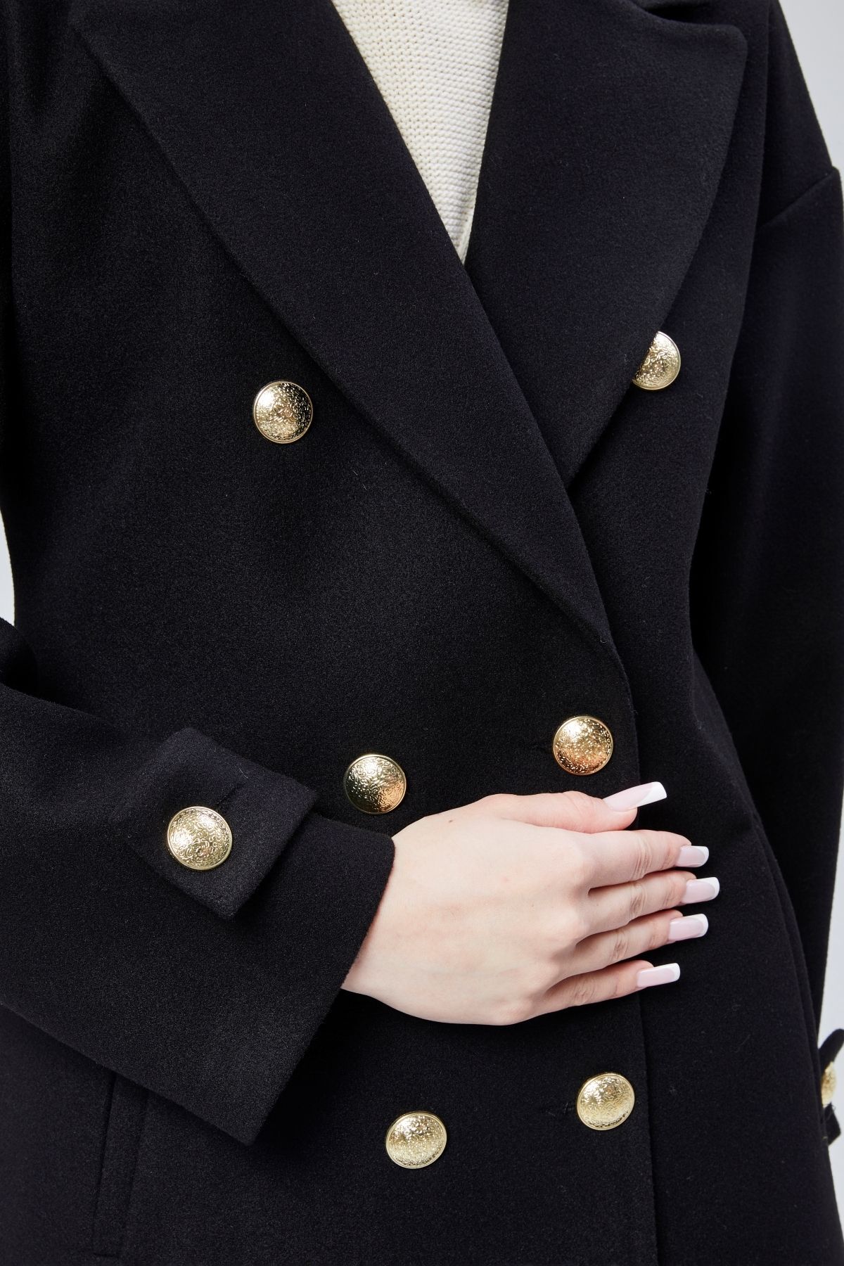 Bolivente  Kadın Kruvaze Yaka Düğme Detaylı Kaban - Görsel 4