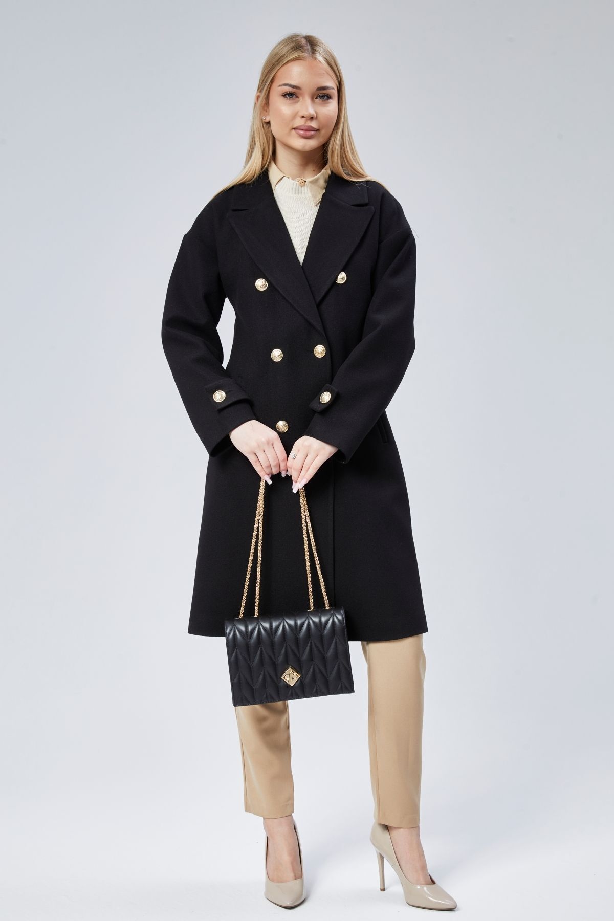 Bolivente  Kadın Kruvaze Yaka Düğme Detaylı Kaban - Görsel 9