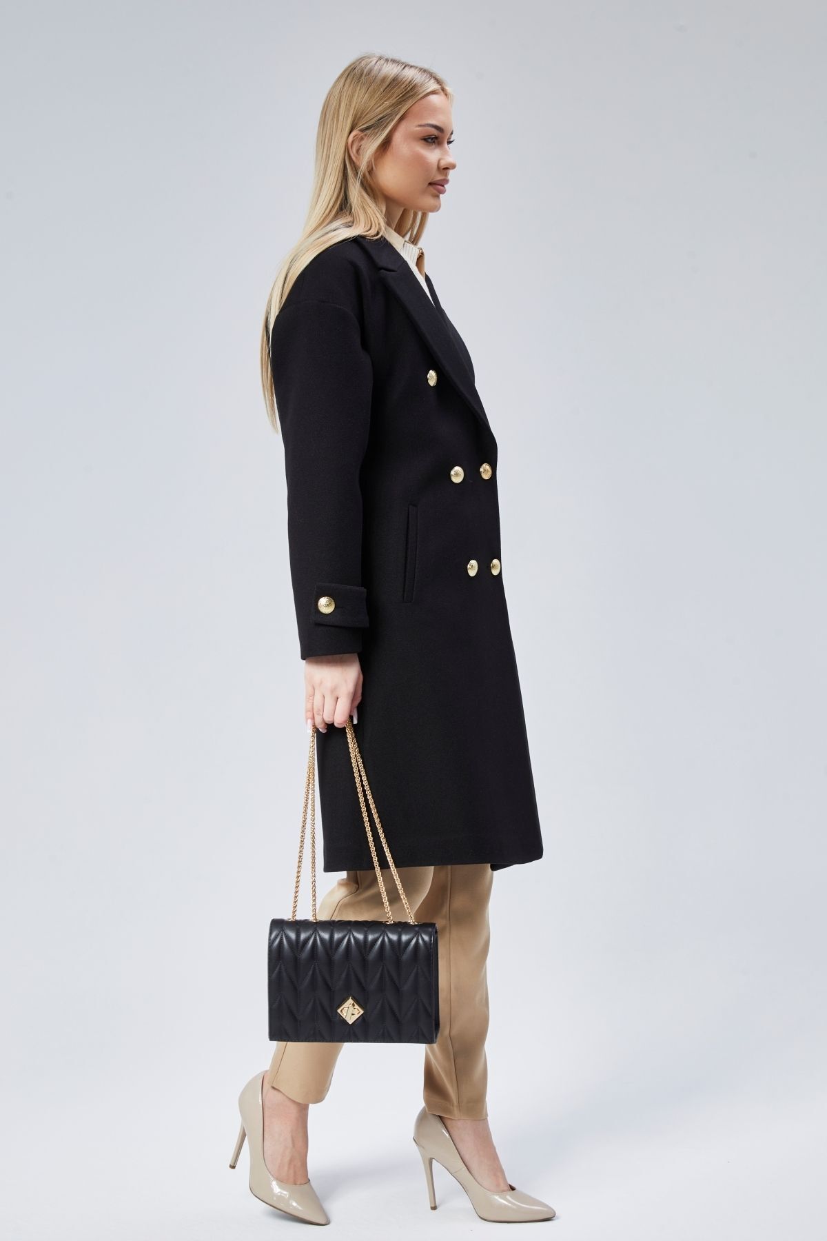 Bolivente  Kadın Kruvaze Yaka Düğme Detaylı Kaban - Görsel 8