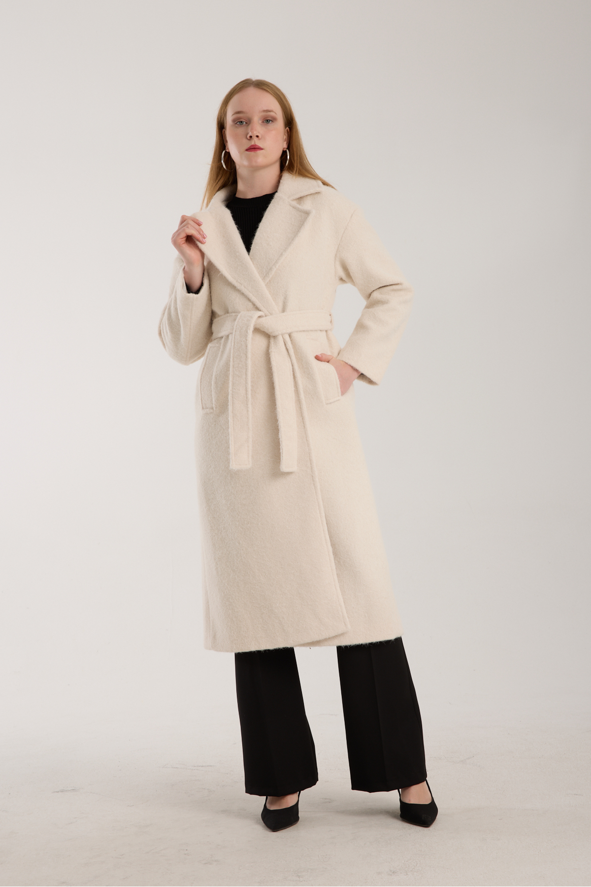 Bolivente  Ekru Buklet Kaşe Oversize Kaban - Görsel 8