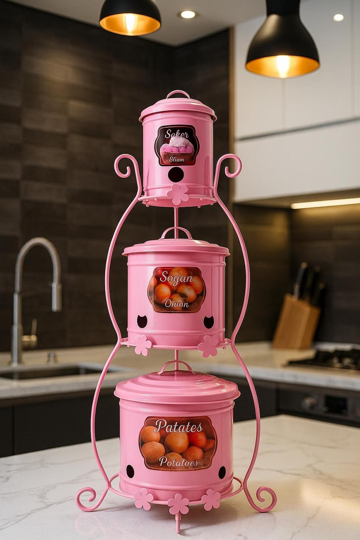 FERONYA Pembe 3 Katlı Metal Saklama Kabı Seti – Patates, Soğan ve Sarımsak İçin Dekoratif Mutfak Düzenleyici