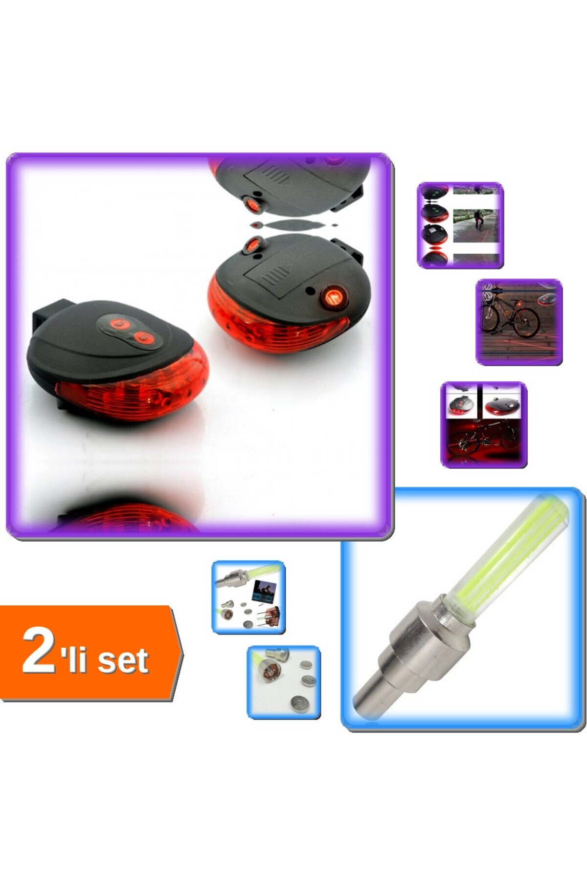 HerEveOyuncak Bisiklet Aksesuarr 2’li Set: Sensörlü Işıklı Sibop Kapağı + Lazer Şeritli Stop Lambası T3M7K9 (fR)