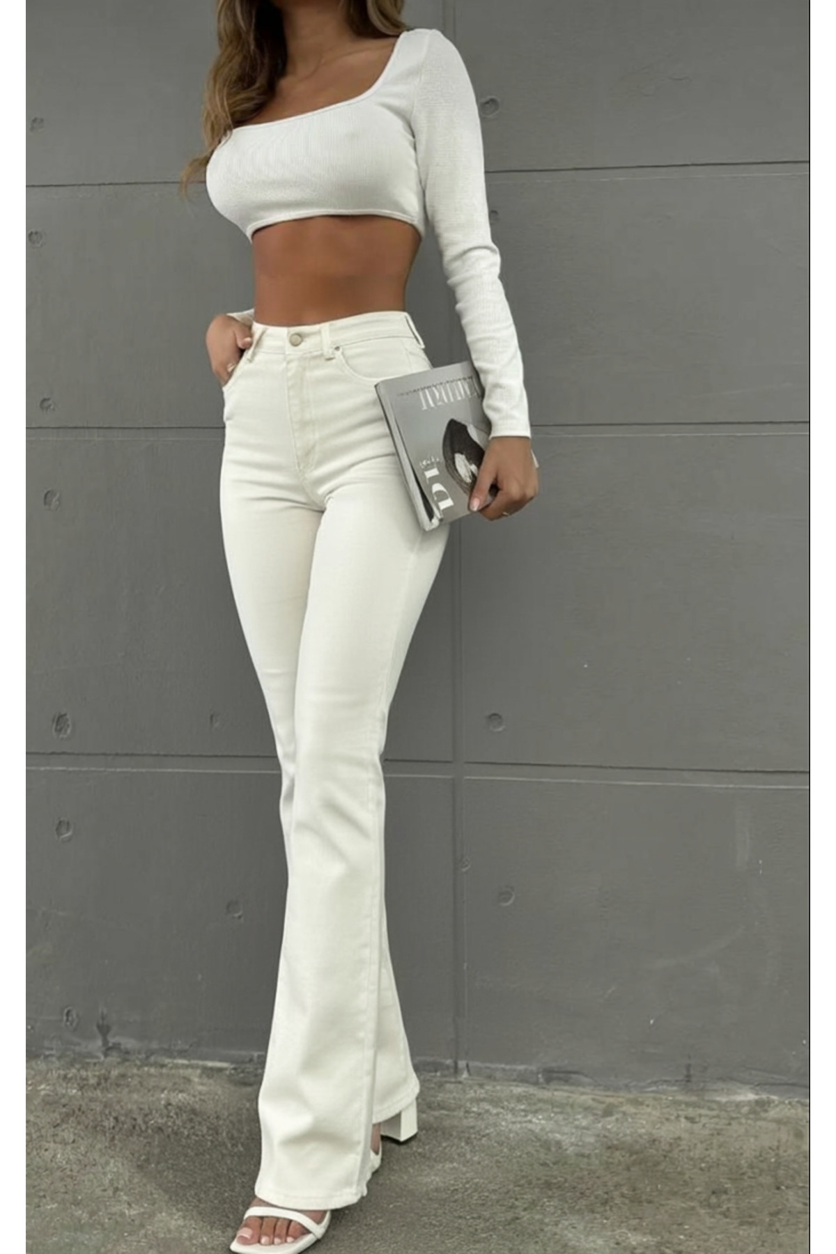 mirosh  Yüksek Bel Ispanyol Paça Keten Pantolon Beyaz - Görsel 8